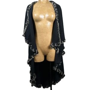 Black Knit Poncho Cape Real Fur Trim Wrap Goth Whimsigoth Witchy long duster